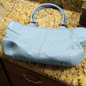 Coach light blue leather tote bag.